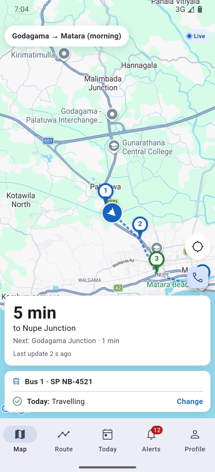 The passenger app showing the bus live on the map and the minutes to the passenger's stop.